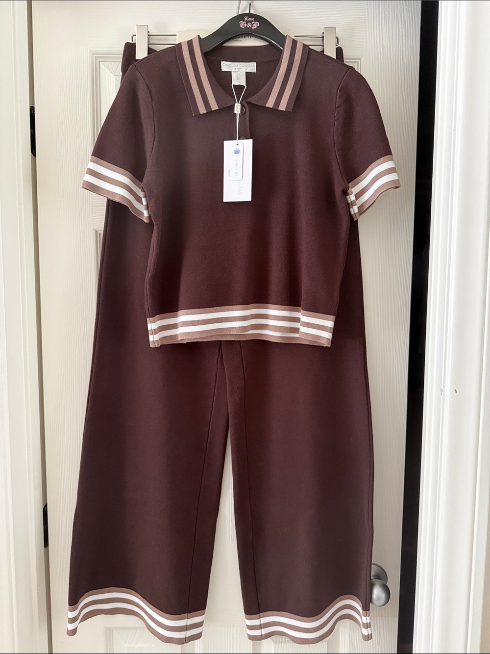 CAROLINE  CONSTAS🤎Cream Striped Polo-Style Pajama Set